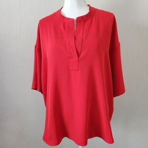 MELLODAY Vibrant Orange/Red Split-Neck Relaxed Top